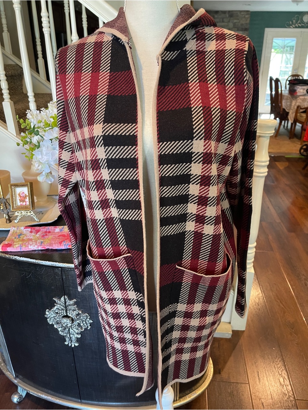 Envy’sTree Plaid Hooded Open Cardigan — Black, Burgundy & Cream